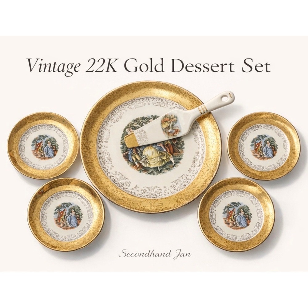 Vintage 22K Gold Encrusted Courting Couple Dessert Plate Set (5) and Cake Server